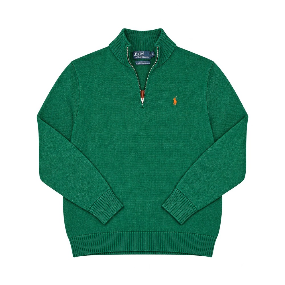 Polo Ralph Lauren Men's XL Green 1/4 Zip Cotton Sweater Orange Pony